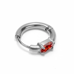 Minimalist silver stainless steel hoop earrings with oval red zircon stone inlay