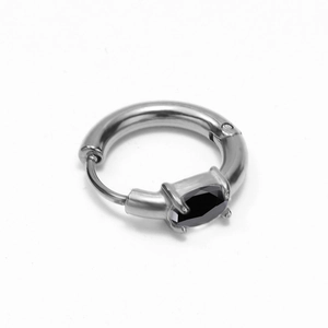 French style minimalist stainless steel hoop earrings with black oval zircon gemstone