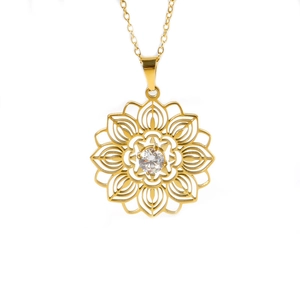 Golden lotus flower necklace with zircon center in an elegant ethnic hollow design