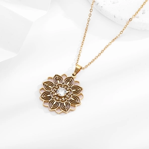 Ethnic style gold flower necklace with hollow mandala design and sparkling zircon stone