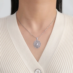 Titanium steel necklace with silver floral mandala pendant and sparkling zircon stone