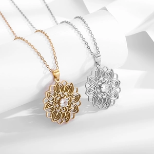 Mandala Lotus Pendant Necklace Stainless Steel Hollow Floral Cubic Zirconia Vintage Chinese Style Jewelry For Women
