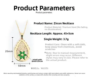 Technical drawing of titanium steel teardrop necklace with green zircon flower center