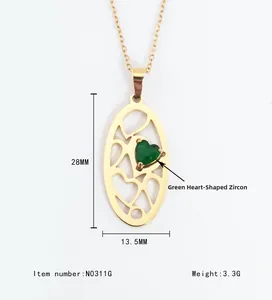 Detailed view of hollow oval gold pendant with green heart zircon and size dimensions