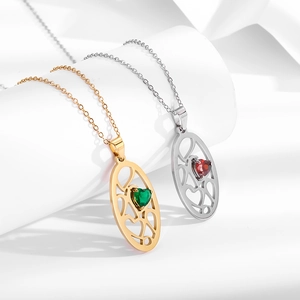 Vintage hollow oval stainless steel pendant necklace with heart-shaped zircon inlay