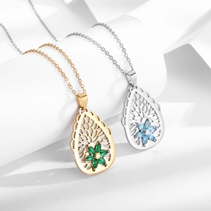 Vintage Hollow Out Pendant Necklace Titanium Steel Zircon Teardrop Oval Geometric Jewelry Retro Style For Women