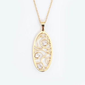 Vintage gold hollow oval pendant necklace with sparkling cubic zirconia stones