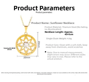 Detailed specs of titanium steel sunflower necklace with zircon and 20mm pendant