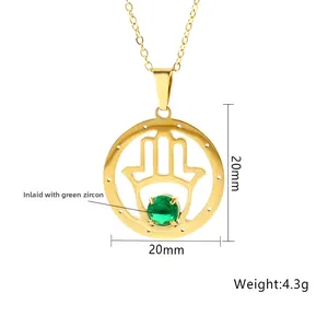 Detailed 20mm Hamsa hand pendant with green zircon inlay and 4.3g weight technical view