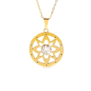 Golden titanium steel necklace with a hollow floral pendant and a bright center stone