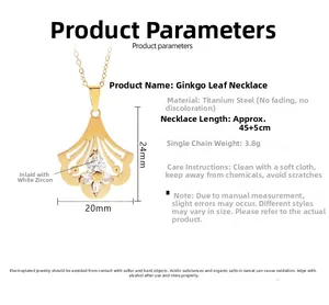 Detailed specs of titanium steel ginkgo leaf necklace with zircon inlay and measurements