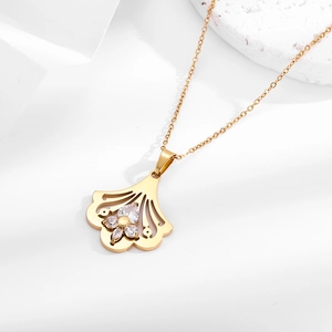 Ginkgo Leaf Pendant Necklace Stainless Steel Fan Shaped Zircon Inlay Minimalist Elegant Jewelry For Women