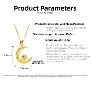 Detail view of gold star and moon pendant dimensions with sparkling zircon stone inlay