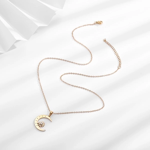 Elegant gold stainless steel moon and star pendant necklace with zircon stone on white background