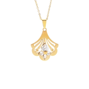 Golden fan-shaped ginkgo leaf necklace with sparkling zircon stones in a minimalist design