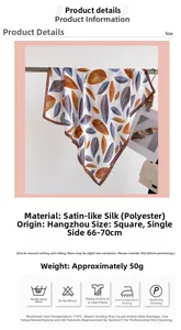 Detail view of satin leaf print square scarf with material and size specifications