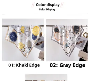 Detail view of vintage clock print silk scarves in khaki and grey bordered variants
