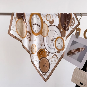 Retro Clock Print Square Scarf Satin Imitation Satin Bandana For Women Elegant Vintage Headscarf Neck Wrap Fashion Accessory