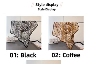 Detail view of geometric pattern cotton-linen silk scarf in black and coffee color options