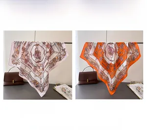 Silk-like satin scarf set with vintage chain and buckle print in white and orange tones