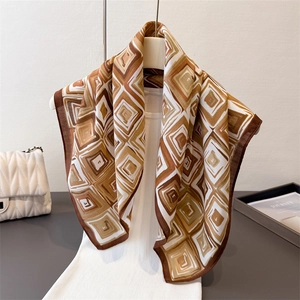 Geometric Print Square Scarf Elegant Satin Feel Bandana French Vintage Herringbone Texture Chic Sun Protection For Women