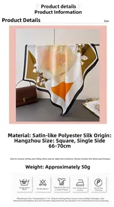 Detail view of printed silk satin square scarf with abstract yellow and orange pattern