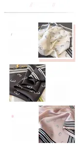 Detail of silk-like square scarves with chain print and striped edges in three colors
