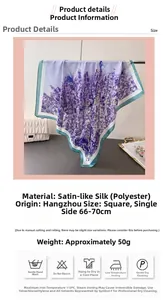 Detailed view of lavender print satin scarf with rolled edge and product specifications