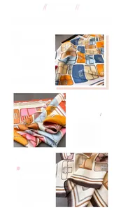 Detailed view of colorful printed silk scarf featuring vintage pattern and rolled hem