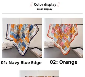 Detailed view of luxury silk scarves featuring vintage handbag prints in navy and orange