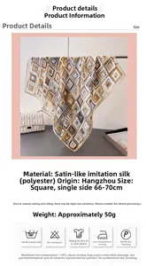 Detail of geometric rhombus pattern silk-like scarf with satin finish and parameter info