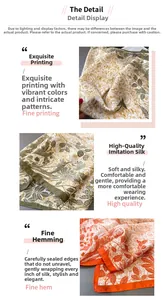 Detailed views of botanical print silk scarves featuring floral patterns and hemmed edges