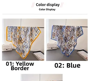 Detail view of silk scarves with geometric print in yellow and blue border color options