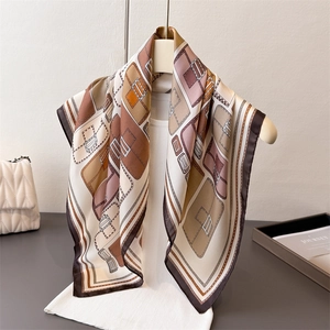 Elegant silk-like square scarf with retro geometric patterns and buckle motifs for women
