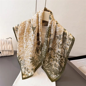 Square Scarf Satin Imitation Satin Botanical Floral Bird Print Large Elegant French Retro Neck Head Wrap For Women