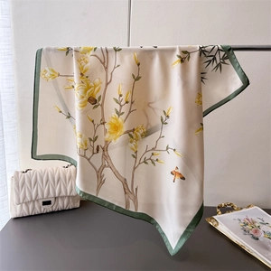 Elegant Satin Like Satin Square Scarf Floral Bird Ink Painting Print Neck Hair Handbag Decorative Scarf Wrap For Women