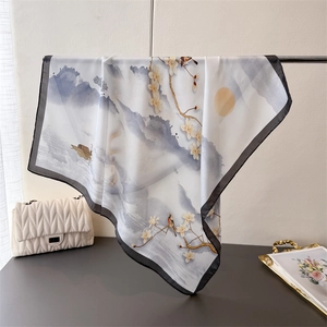 Ink landscape printed faux silk square scarf with floral and bird motifs and black border