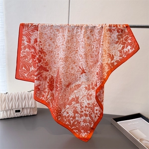 Elegant orange and white square silk scarf with floral botanical prints and wide border