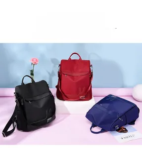 Multiple views of stylish nylon backpacks in black, red, and blue with embroidery