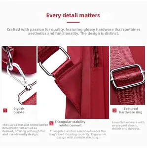Detail view of red nylon backpack with reinforced stitching and silver metal hardware