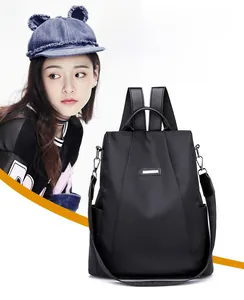 Detail of waterproof black oxford fabric anti-theft backpack with slim adjustable straps