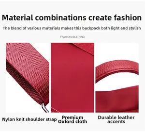 Detail of red travel backpack showing nylon straps, oxford fabric, and leather handle