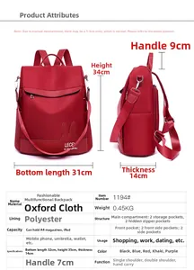 Size chart showing oxford cloth backpack dimensions 31x34x14cm and internal structure