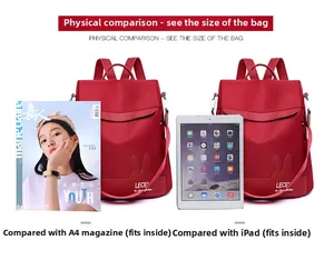 Red nylon backpack size comparison with A4 magazine and iPad showing large capacity