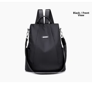 Front view of black waterproof oxford backpack for women with anti-theft design features
