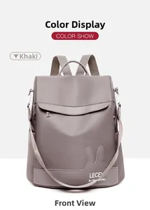 Front view of khaki nylon backpack with cute bunny ear design and anti-theft zipper detail
