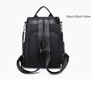 Detailed back view of black anti-theft Oxford cloth backpack with waterproof texture