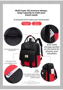 Detail view of large capacity backpack showing multi-layer storage and anti-theft pockets