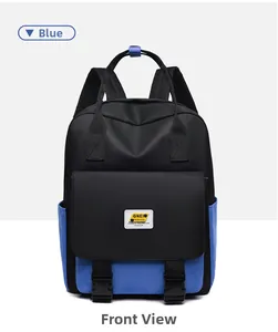 Front detail of blue and black contrast outdoor backpack with durable buckle and embroidery