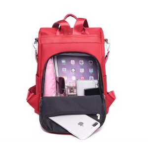Red anti-theft nylon backpack for women with large storage for tablet and essentials